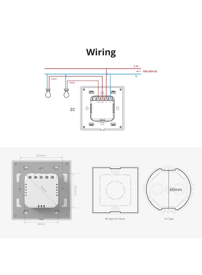 سونوف سويتش حائط ذكي SONOFF TX Ultimate ثنائي المفاتيح (2 Gang) بلمس كامل مع إضاءة RGB، يوفر تحكمًا باللمس الكامل، والتحكم عبر الأتمتة، والتحكم الصوتي، والتحكم الذكي ثنائي الاتجاه، مع غطاء قابل للاستبدال، ومتوافق مع Alexa و Google Home، باللون الأبيض. - Image 2